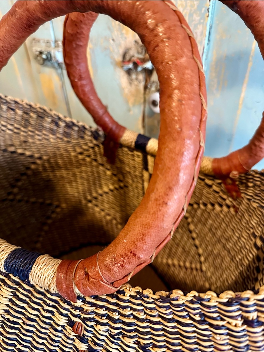 Woven Straw Basket Tote Bag with Brown Leather Handles - Natural/Navy - Picture 3 of 7